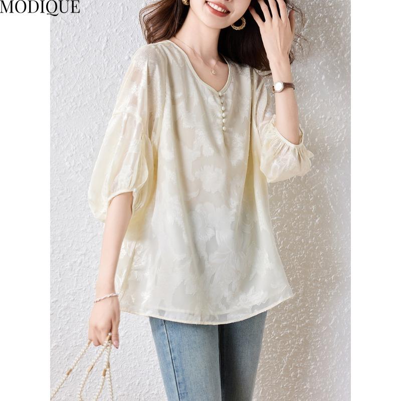 MODIQUE Spring Summer Plus Size New Women Loose Vintage Solid Minimalist Blouse Shirts Female Casual Oversize Folk Short Sleeve O-Neck Top
