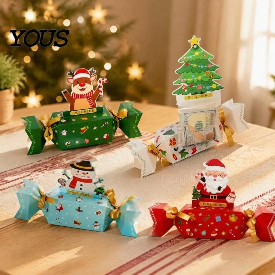 Holiday Party Favor 1/4Pcs Christmas Candy Shape Money Holder, Santa Snowman Reindeer Tree Cash Festive Holder Paper Bag, Gift Box for Party,