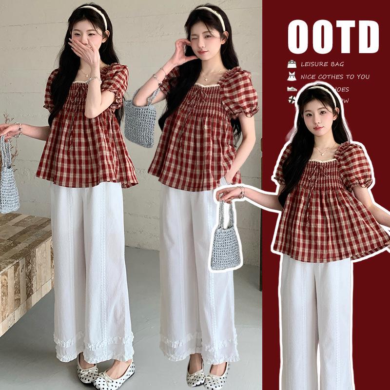 2026 Summer Maternity Set: Petite Slimming Square Neck Puff Sleeve Top + Pants Large