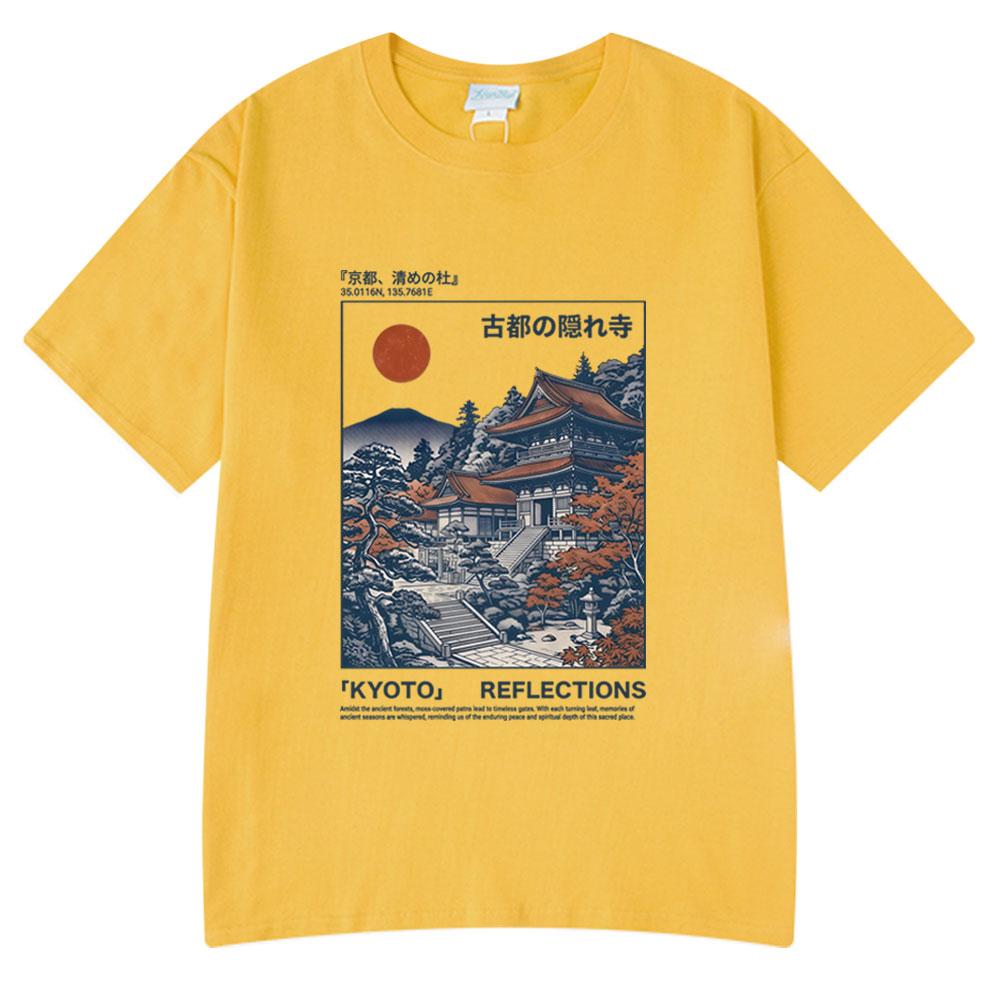 Kyoto Reflections Graphic Illustration T-shirt Retro Japanese Ukiyo-e Style Temple Tee Cotton Streetwear Casual Oversized TShirt