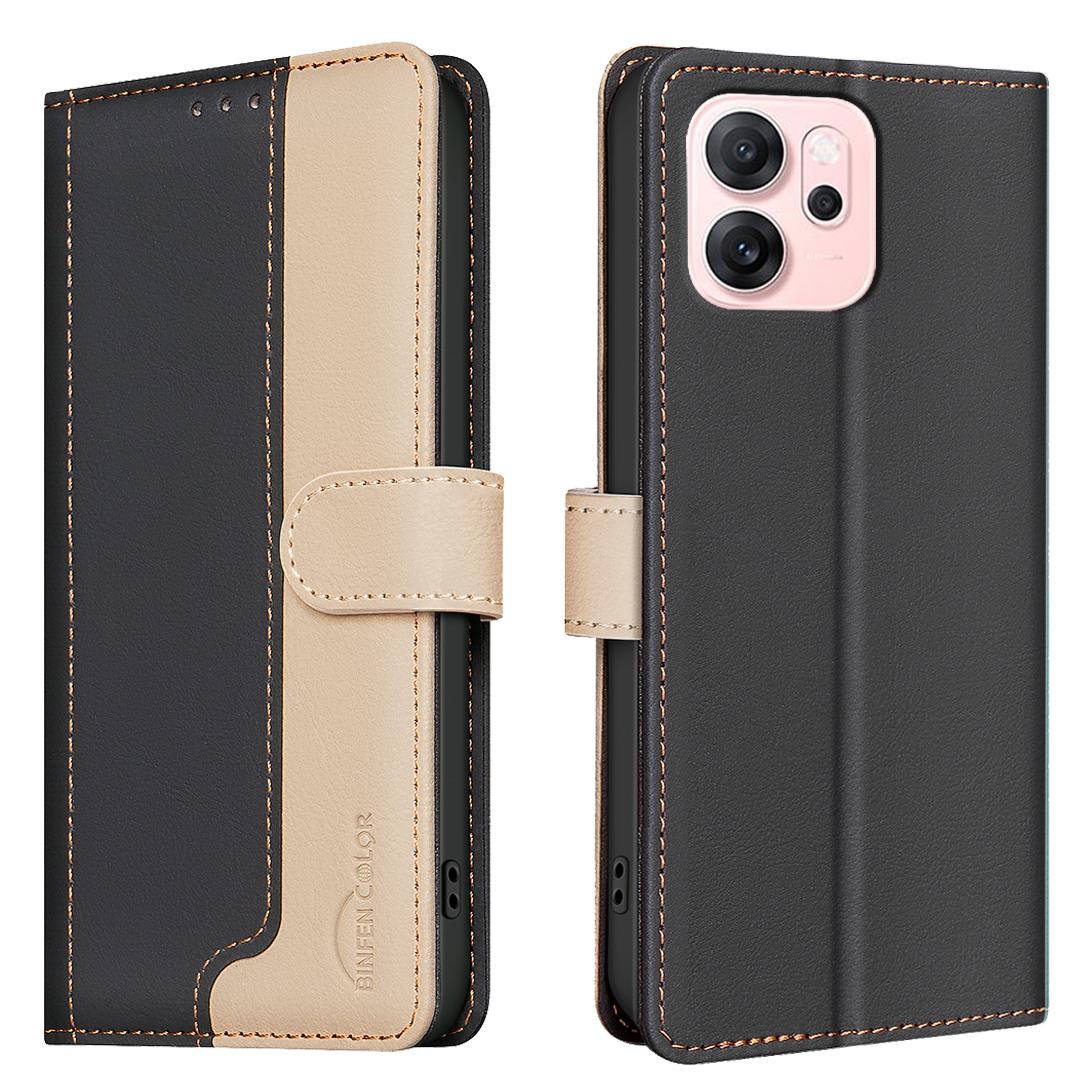 

For Oppo Reno14 F 5G Leather Case BINFEN COLOR Splicing Color RFID Blocking Wallet Stand Phone Cover Black