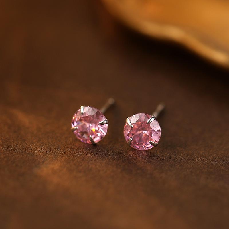 Banyan Tree S999 Silver Birthstone Earrings: Women's Four-Claw Colored Diamond Ear Studs for Everyday Wear