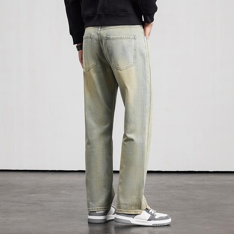 FAPAI Men's Washed Straight-Leg Cotton Jeans
