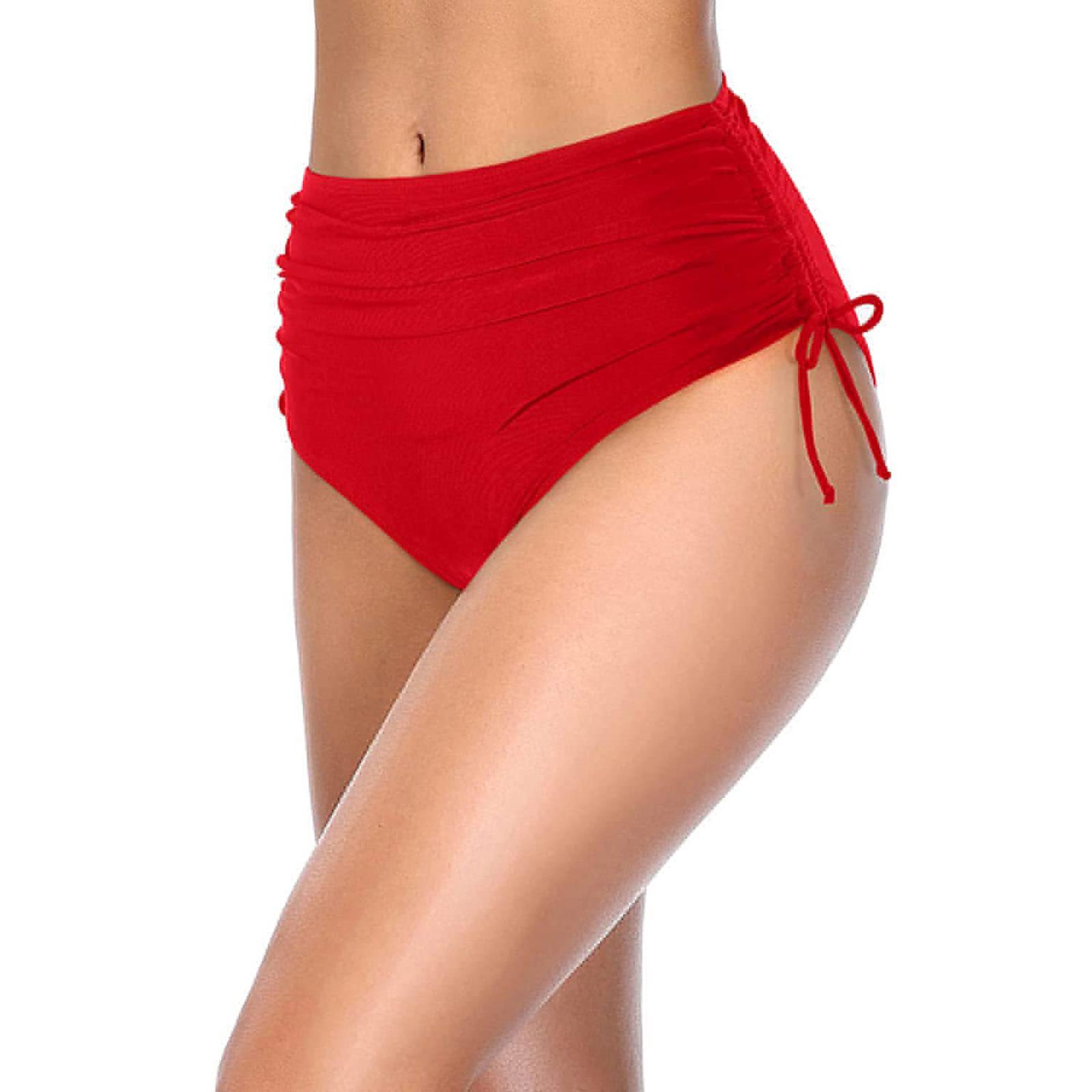 

High Waist Ruched Bikini Bottoms for Women Adjustable Side Drawstring Swimsuit Briefs Tummy Control Swimwear XXL красный