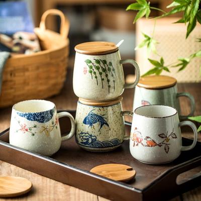 Japanese Style Ceramic Coffee Mug with Handle Breakfast Milk Oatmeal Cup with Lid and Spoon Home Heat-resistant Teacup Water Mug