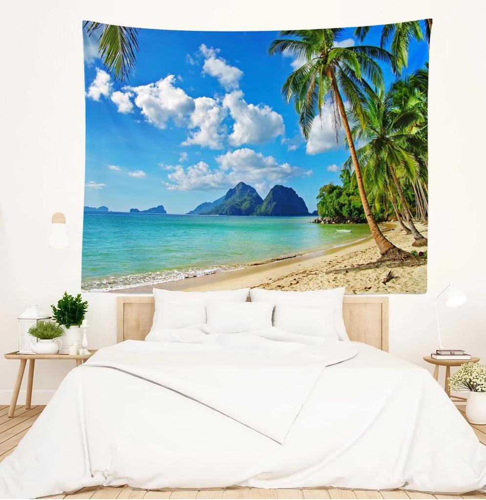 Ocean Beach Tapestry Tropical Seaside Island Palm Tree Waves Wall Tapestry Summer Hawaii Paradise Landscape Wall Hanging Hippie