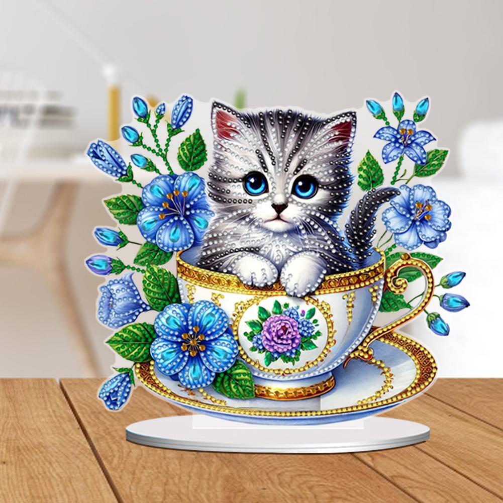 2D Flat Teacup Cat DIY Table Top Diamond Painting Ornament Kits Desktop Diamond Art Kits 5D DIY Diamond Art Tabletop Decorations