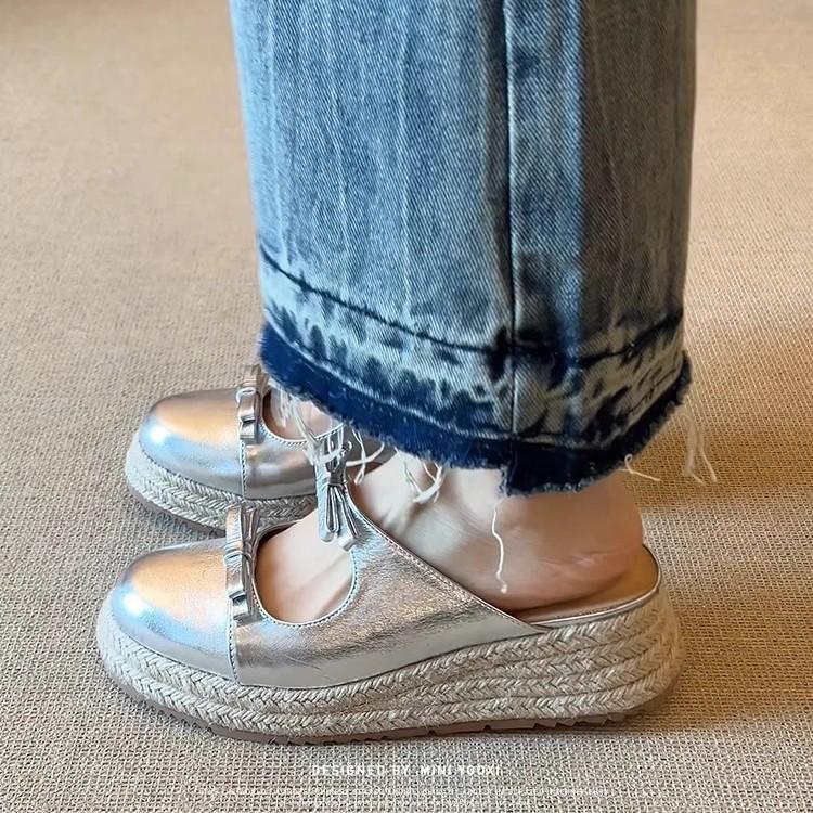 Keilabsatz Taschenkopf Halbschuhe Damen 2025 neu Sommer Schleife Ein-Pedal Halb-Pantoletten Sandalen Stroh Fischer Schuhe