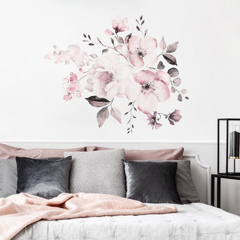 Watercolor Pink Floral Wall Stickers - Removable Blossom Vine Decals for Living Room Bedroom Home Decor Self-Adhesive Wallpaper