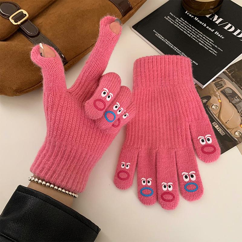 Cute Solid Color Knitted Wool Warm Gloves for Women In Winter with Fingerless Touch Screen Students with Split Fingers To Prevent Cold Cycling Cartoon