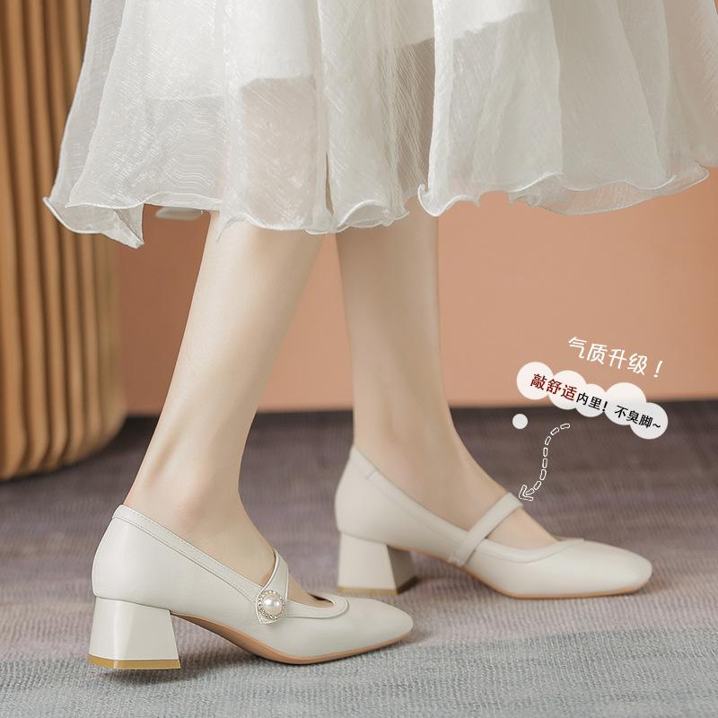New Women Shoes Fashion Pumps Pearl Leather High Heels Shoes OL Mary Jane Dress Shoes