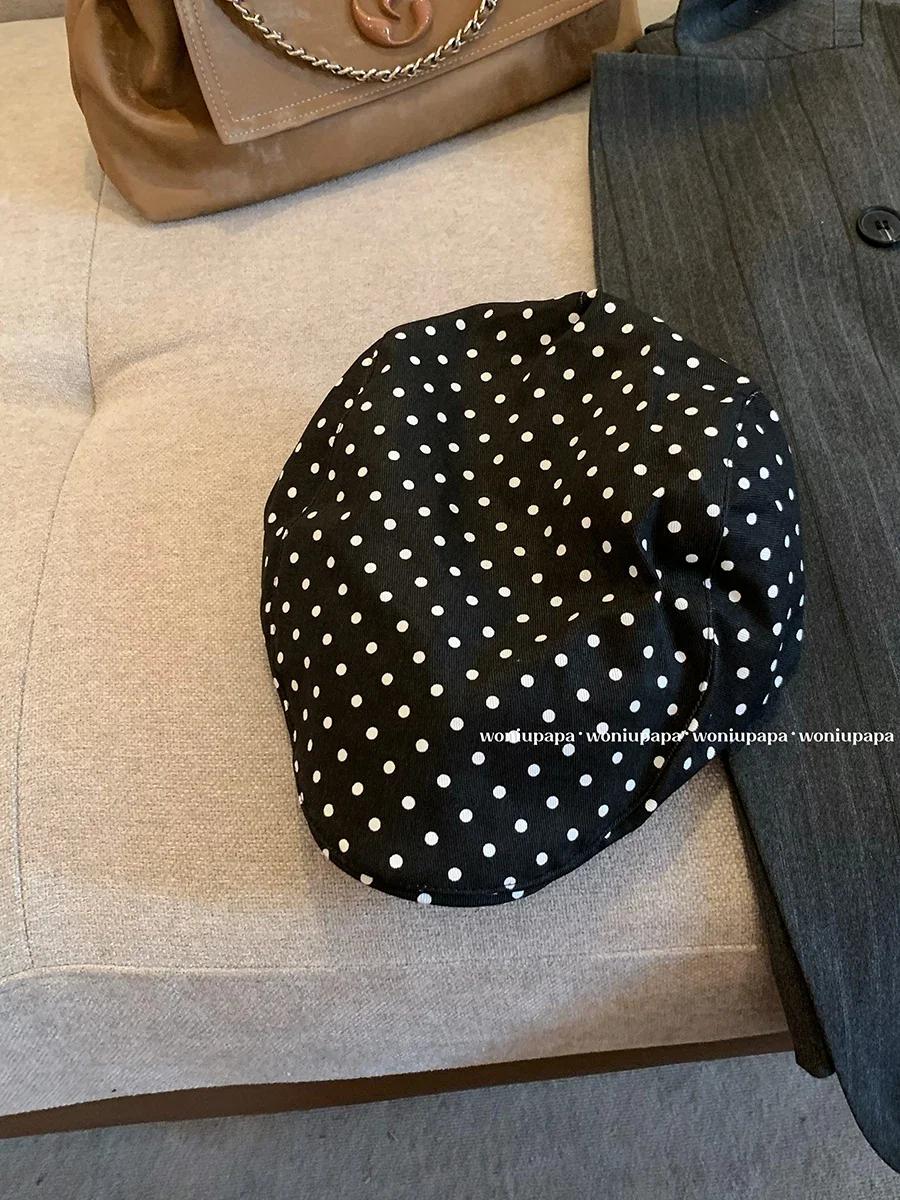 

Ins New Retro Polka Dot Print Forward Hats for Women Spring and Summer Outing Sweet Versatile Fashion Y2K Berets Cap Bonnet 56-58cm чорний