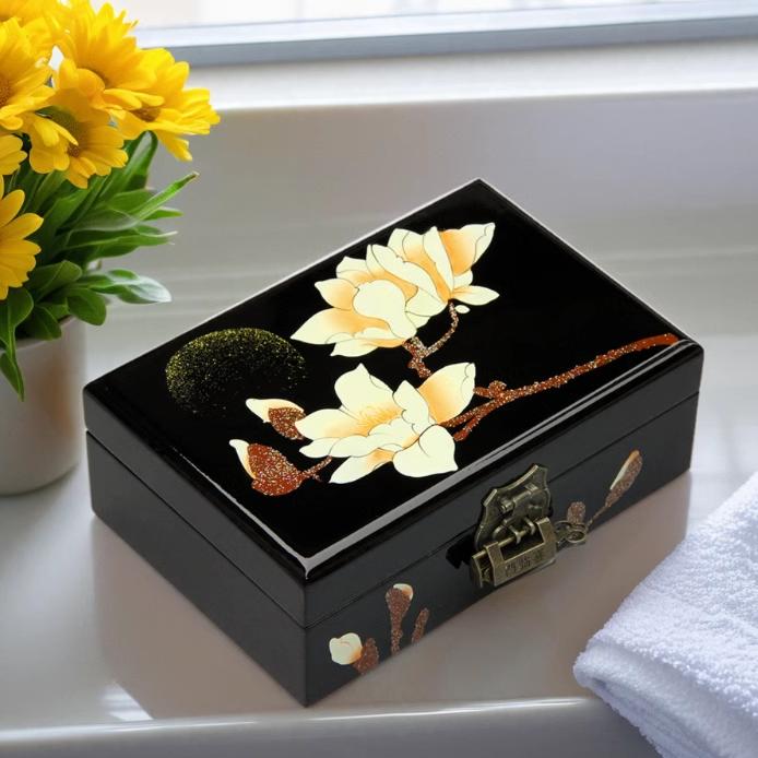 Красная лакированная деревянная шкатулка для украшений с дизайном пионов, свадебный сундук для приданого в китайском стиле с замком, традиционная пинъяоская лаковая посуда