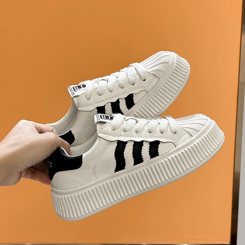 thick-soled little white shoes women's spring and summer new versatile casual board shoes shell head leather mesh flat-soled biscuit shoes