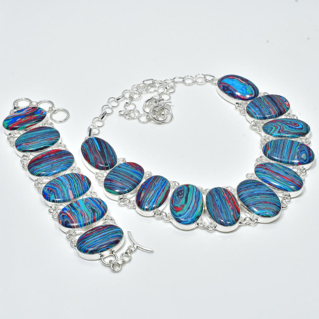 Natural Rainbow Calsilica Gemstone Handmade 925 Sterling Silver Jewelry Rainbow Calsilica Neclace Bracelet Set, Antique Jewelry Set, Gift For Love