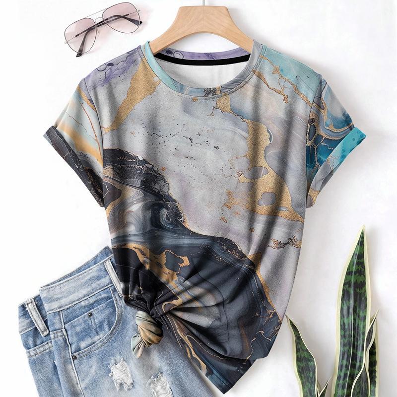 Dam T-shirt Casual Sommar Rund Hals Kortärmad 3D-tryckt Elementmönster Gradient Skjorta