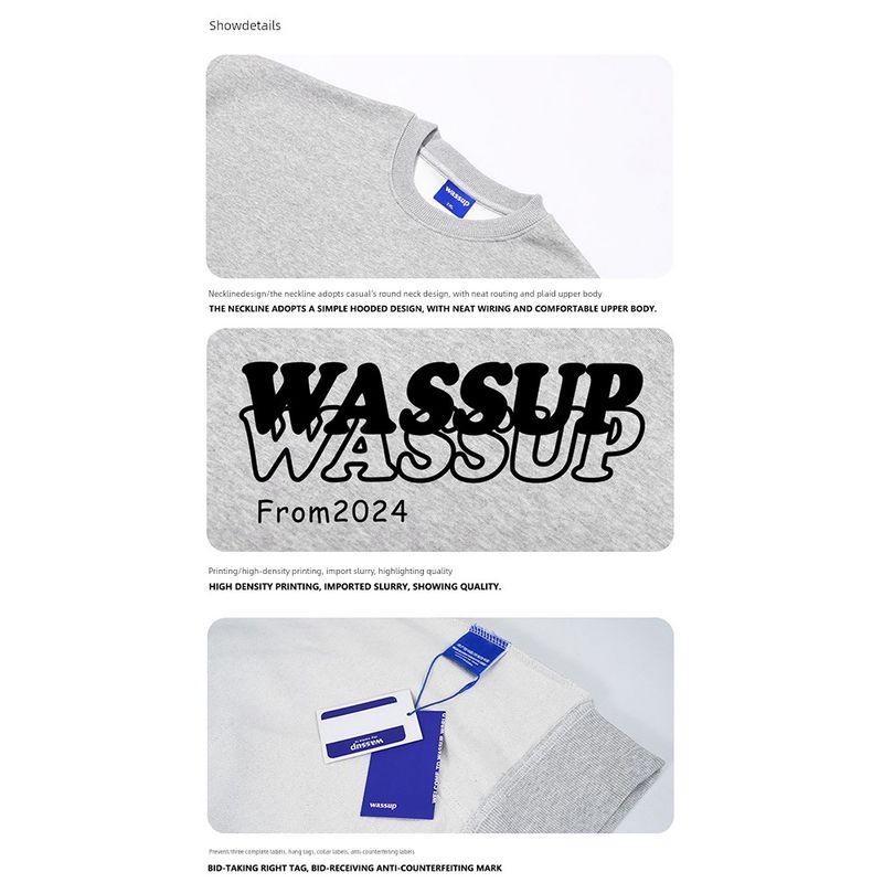 Wassup Trendy Brand Autumn and Winter 2024 New American High Street Retro Round Neck Sweatshirt for Men with Fleece Pullover Top