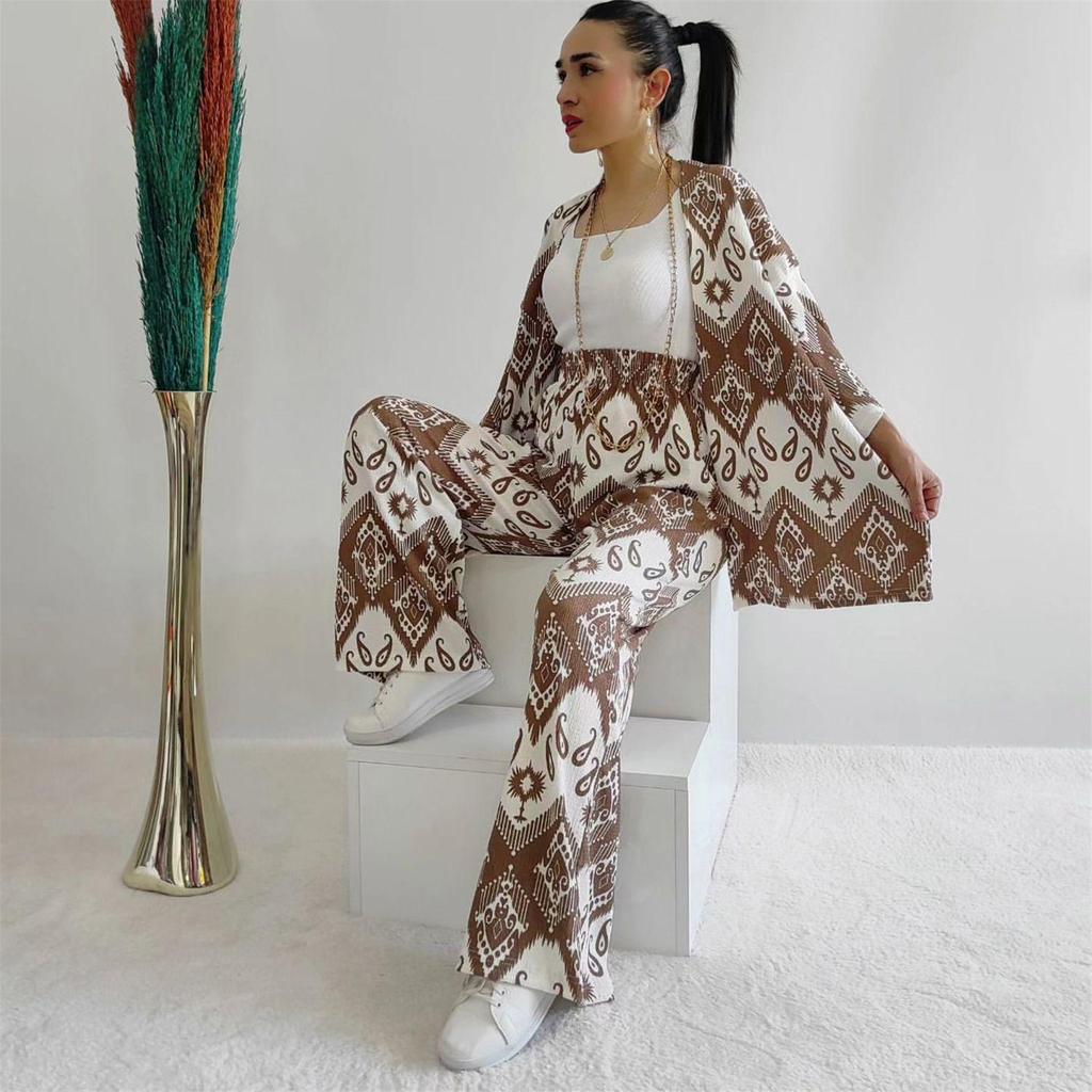 Temu 2024 Summer Women's Loose Plus Size Printed Set: Mid-Sleeve Shirt & Wide-Leg Pants