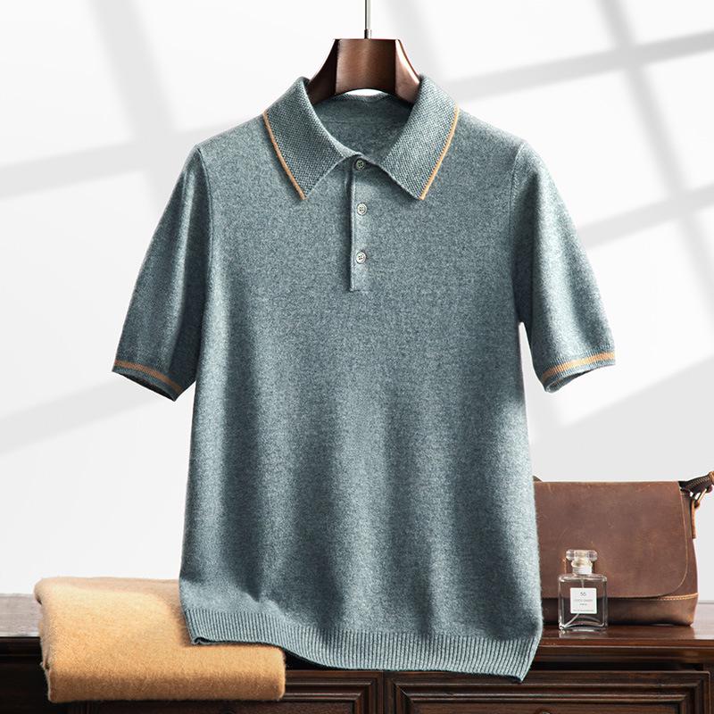 Men's Versatile Cashmere Knit Polo Shirt - Short Sleeve, Lapel, Fashionable Casual Style for Spring and Autumn