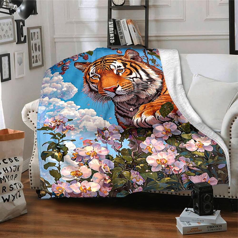 1PC Tiger Floral Print Print Blanket, Soft Throw Blanket - Warm & Cozy for Couch, Bed, Office, and Travel , Christmas present yy250912232