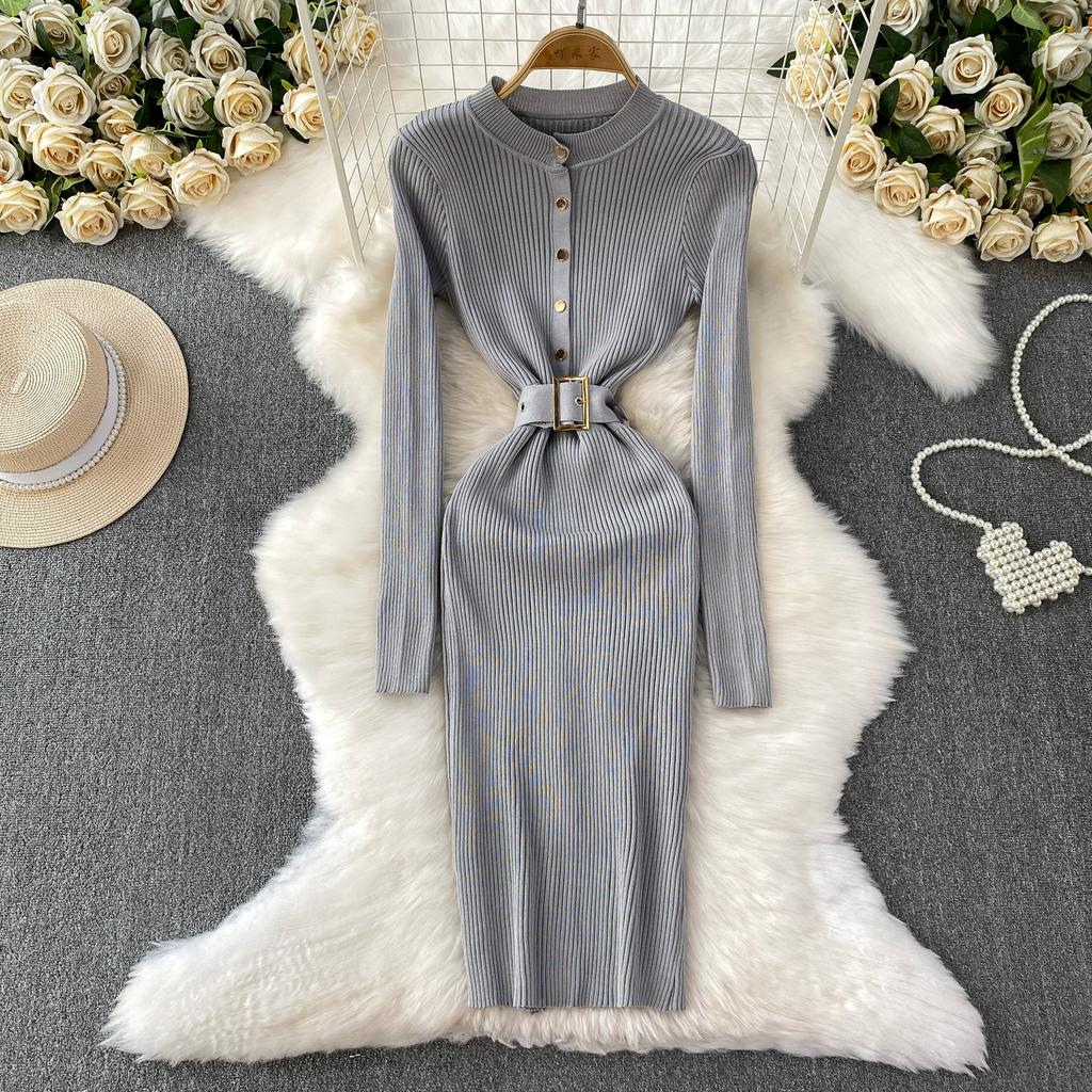 Spring Autumn Women Full Sleeve Knitted Sweater Office Work Slim Bodycon Pencil Dresses with Belt