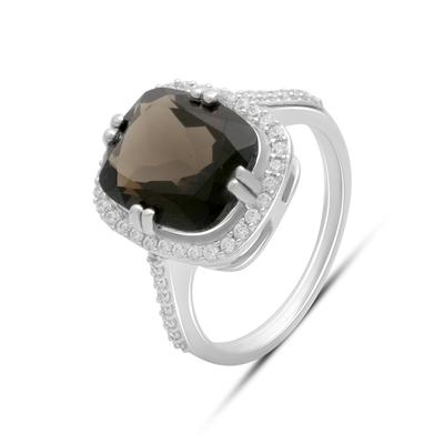 Anel de prata com rauchtopázio natural (quartzo esfumaçado) 5,457 ct, com zircônias cúbicas, peso da peça 4,55 g (2180340)