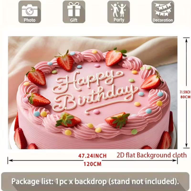2D Sweet Pink Birthday Cake Backdrop with Strawberry Sprinkles Party Banner