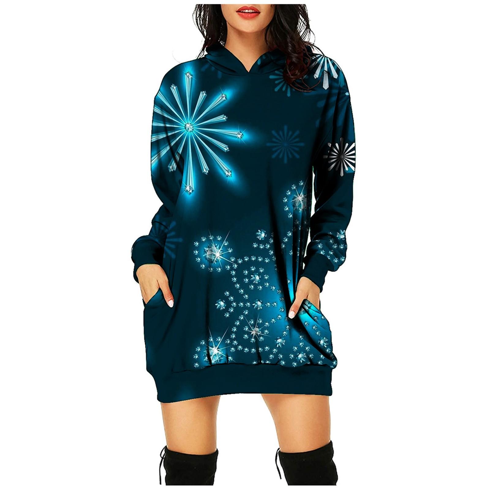 

Женский модный топ средней длины с капюшоном и карманами с рождественским принтом и длинными рукавами XXL зелёный