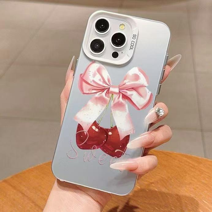 Cherry Color Silver Shell Bow Phone Case for Apple 17/16/15 Pro, 14 Pro Max, 13/12 Cross