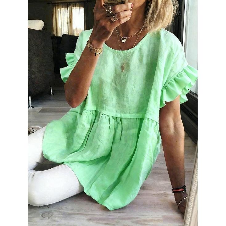 2026 New Women's Summer Solid Color Round Neck Short Sleeve Ruched Top T-Shirt