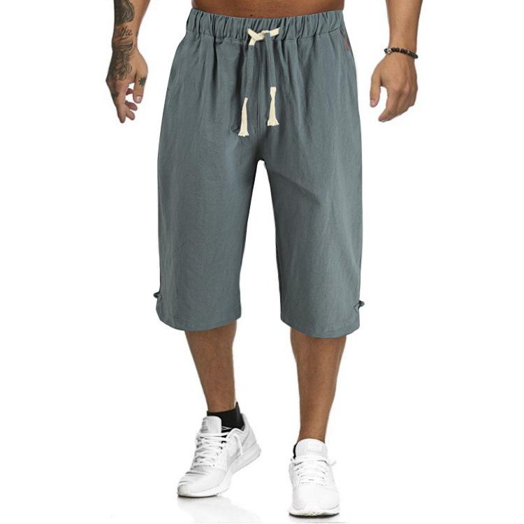 Herrenhose aus Baumwolle und Leinen, lässig, kurze Hose, Strandhose aus Leinen mit elastischer Taille