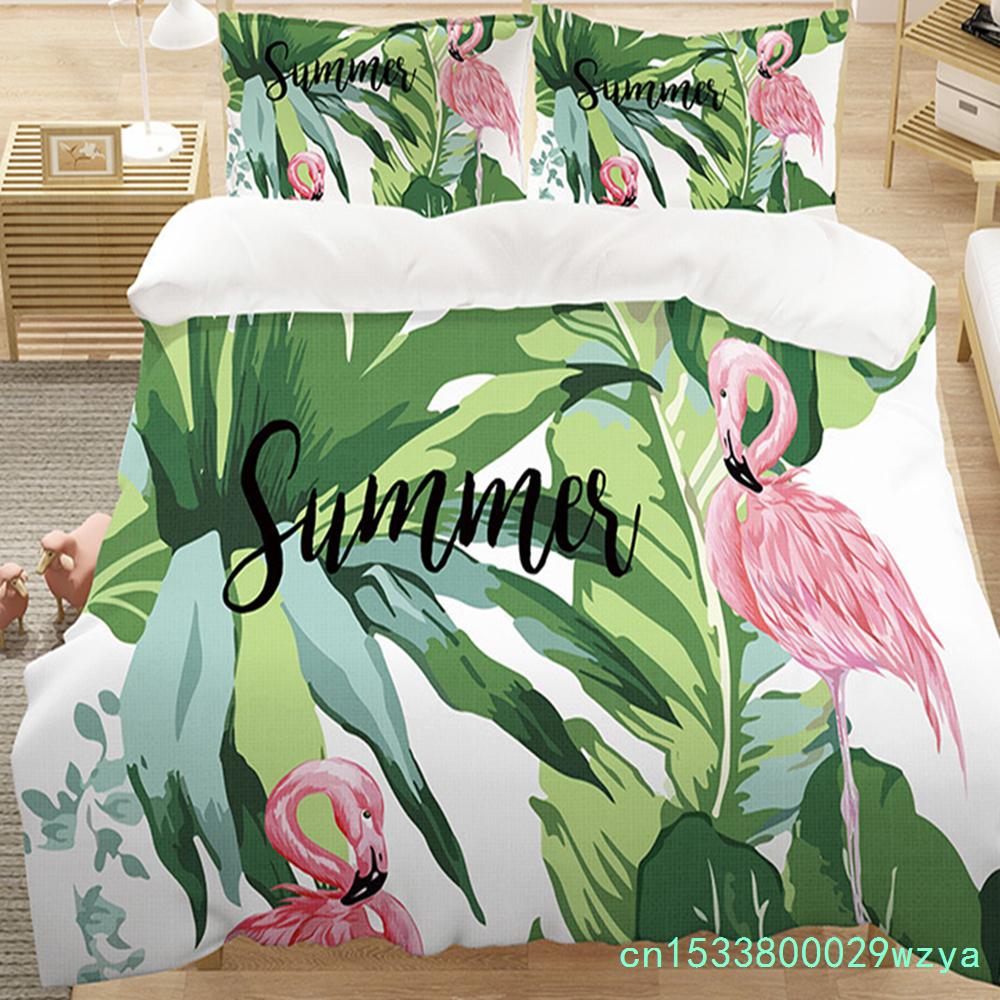 Modern Flamingo Pineapple Print Bedding Set Queen Tropical Plants Leaves Flowers Duvet Cover Hawaiian Islands Floral Pillowcases