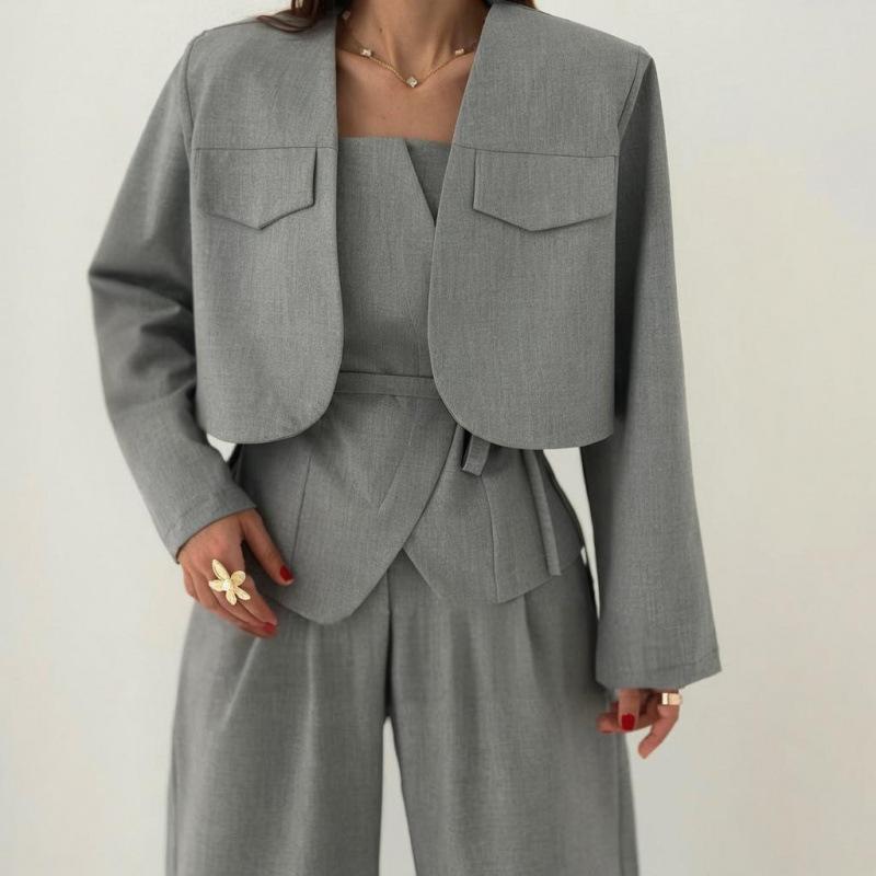 2025 Spring New Cross-border European and American Women's Suit Solid Color Wide-leg Pants Temperament Commuter Fashion Suit