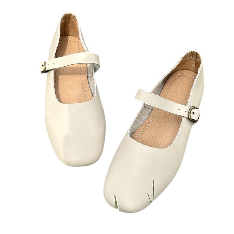 Niche Mori Shallow Mouth Single Shoes 2026 Spring One-word Buckle Flat-soled Women's Shoes Leather Casual Mary Jane Women's Shoes