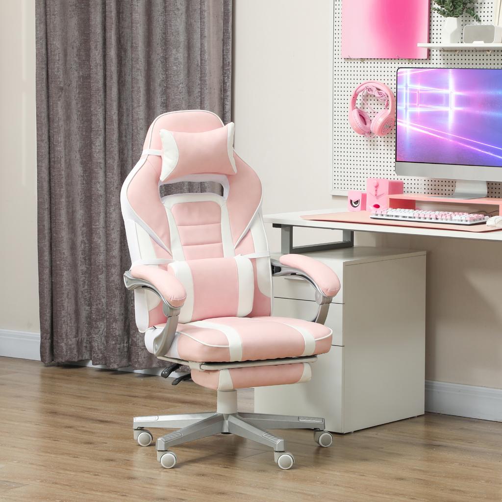 Gaming Chair with Footrest, Head & Lumbar Cushions, Swivel, Height-Adjustable, Pink