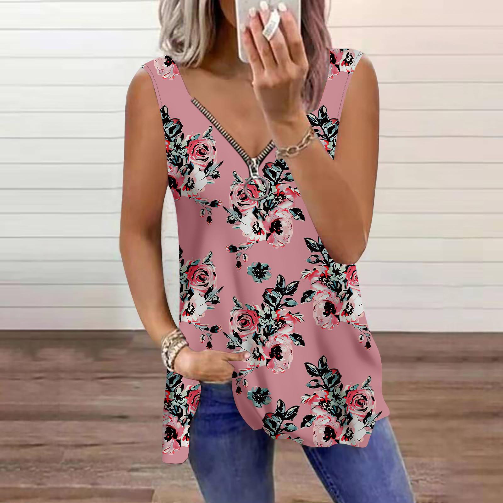 

Женский топ, летний, с принтом двухглавой розы, повседневный, большого размера, без рукавов, на молнии, с V-образным вырезом, майка XL коричневый