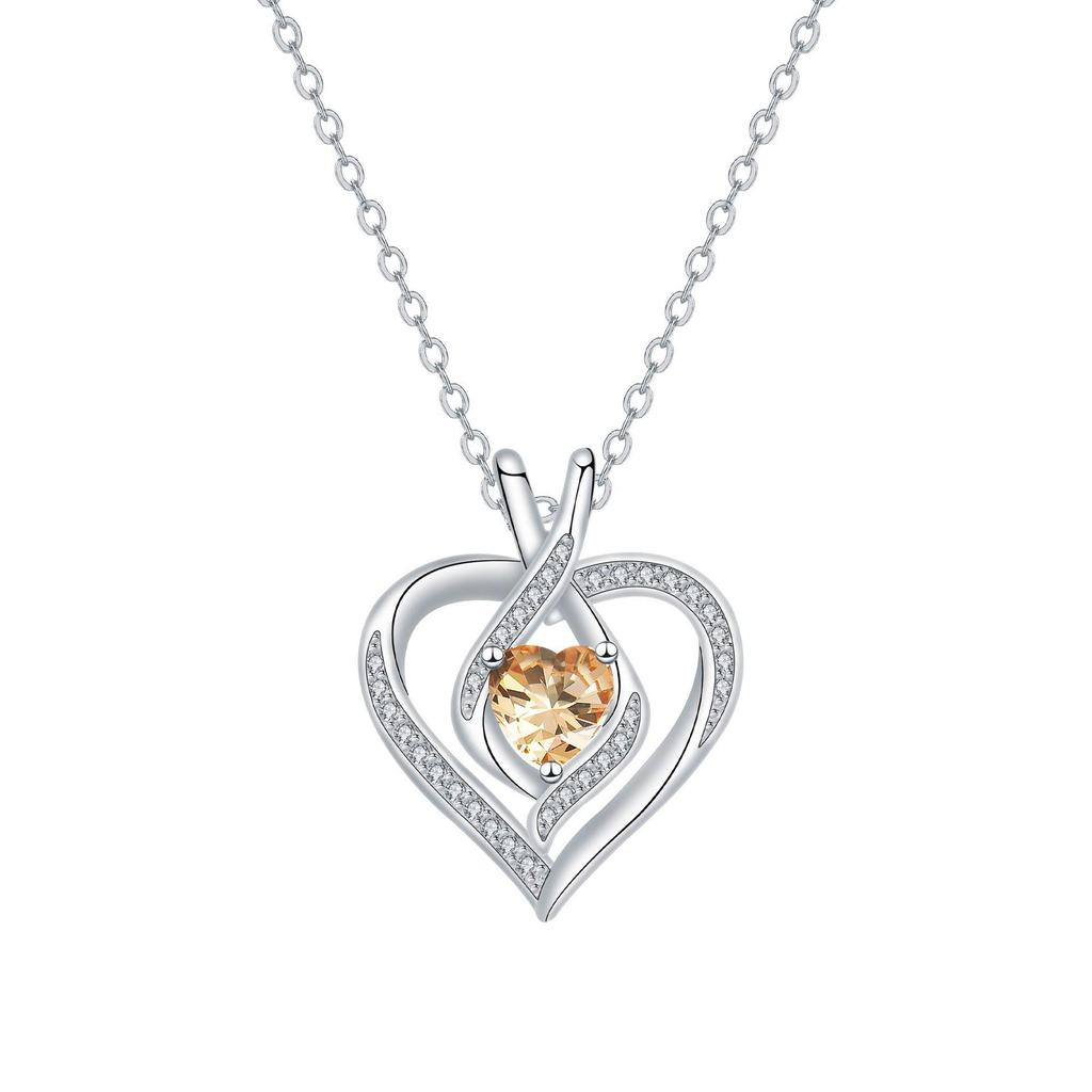 Luxury Heart Pendant Rhinestone Necklace: Colorfast Clavicle Chain, Elegant Birthstone Gift for Women