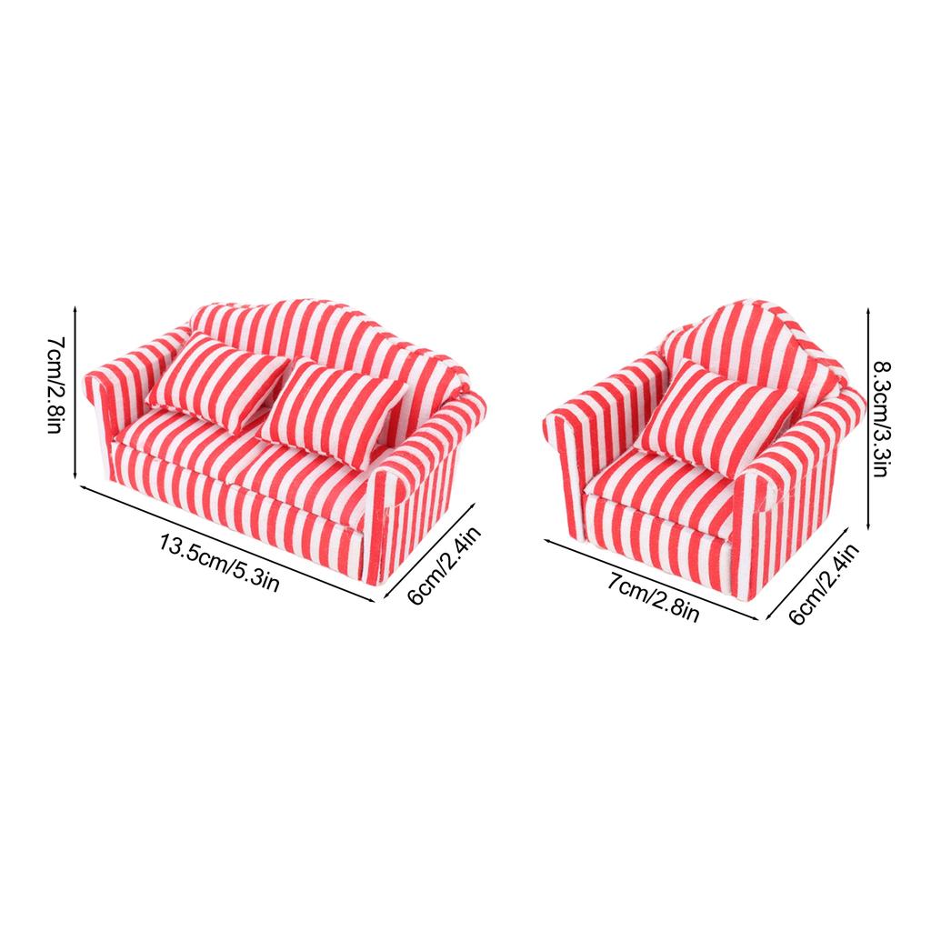 3Pcs   Sofa Set Pine Cloth Double Sofa 2 Single Sofa Light Color Strip  ature Sofa for 1:12 Doll House