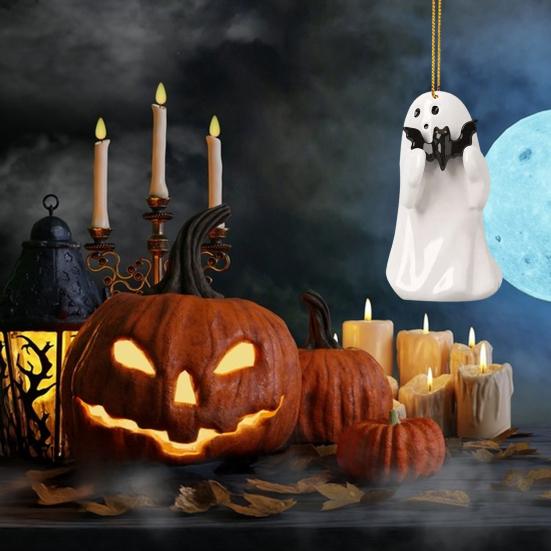 Love Heart Ghost Hanging Decoration Halloween Indoor Outdoor Car Rearview Mirror 2D Flat Acrylic Cartoon Ghost Hanging Ornament Pendant