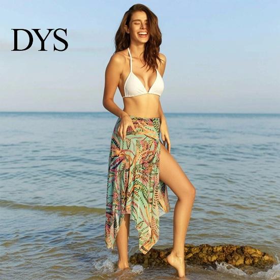 Resort Wear Cover Up Dress Slit Irregular Hem Feather Print Beach Multiway Skirt Breathable Lightweight Sun-Resistant Quick-Drying Swimwear Outerwear