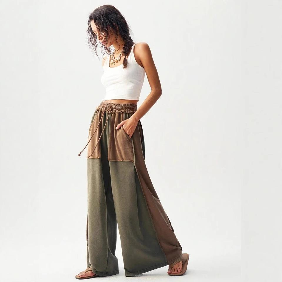 Women High Waisted Wide Leg Pants with Stitching Detail Elastic Waist Drawstring Loose Fit Trousers