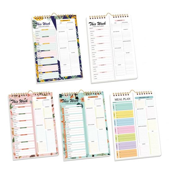 52týdenní odtrhávací jídelní plánovač, spirálová vazba, odnímatelný nákupní seznam, nedatovaný blok pro plánování menu do kuchyně