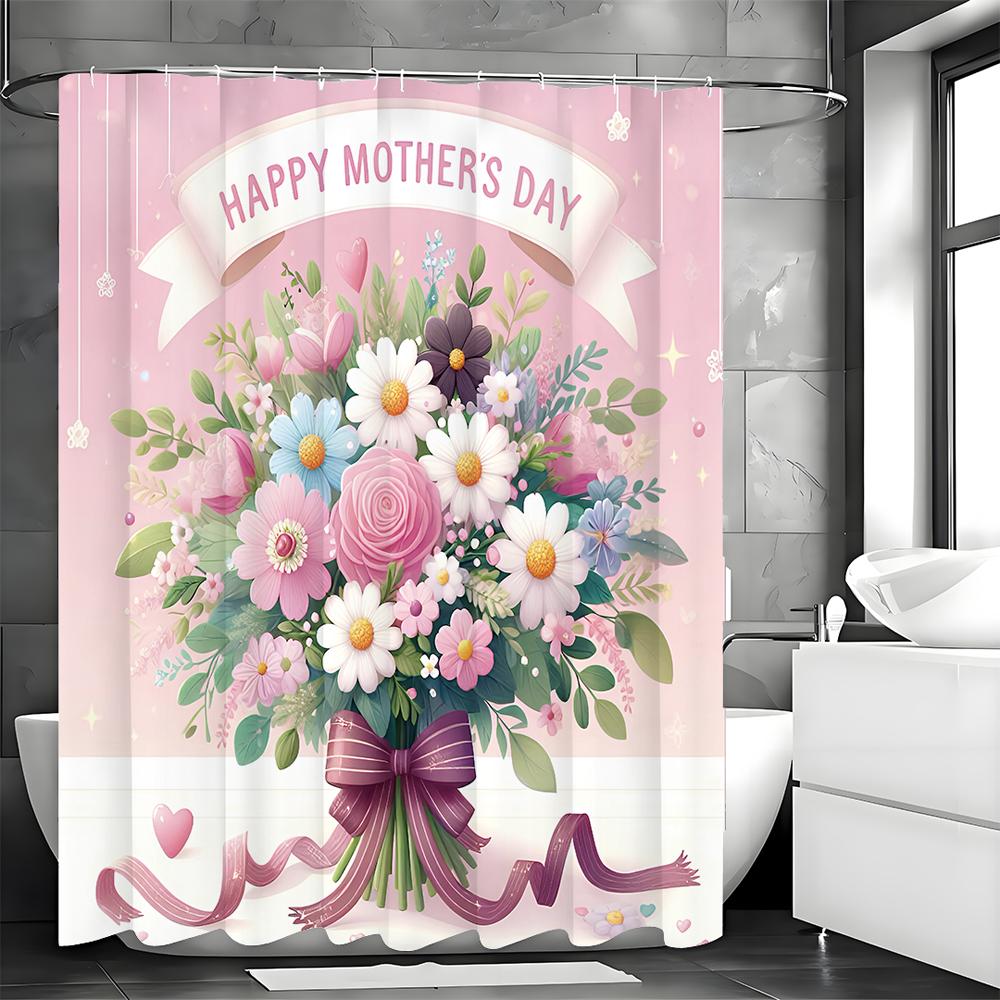 Happy Mother's Day Bouquet Pink Shower Curtain, Bathroom Decorative Shower Curtain, Waterproof Shower Curtain with Hooks