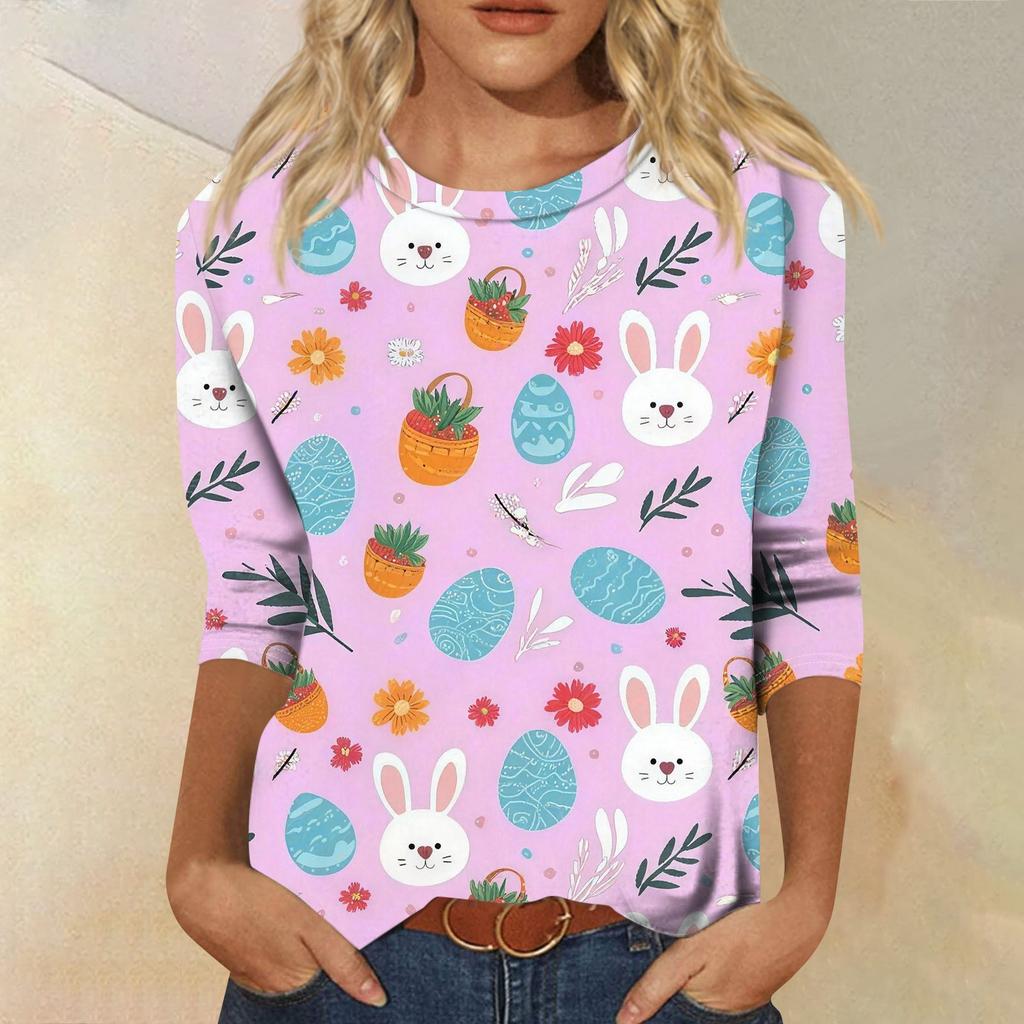 Women's Fashion Casual Sleeve Easter Elements Print Round Neck Top