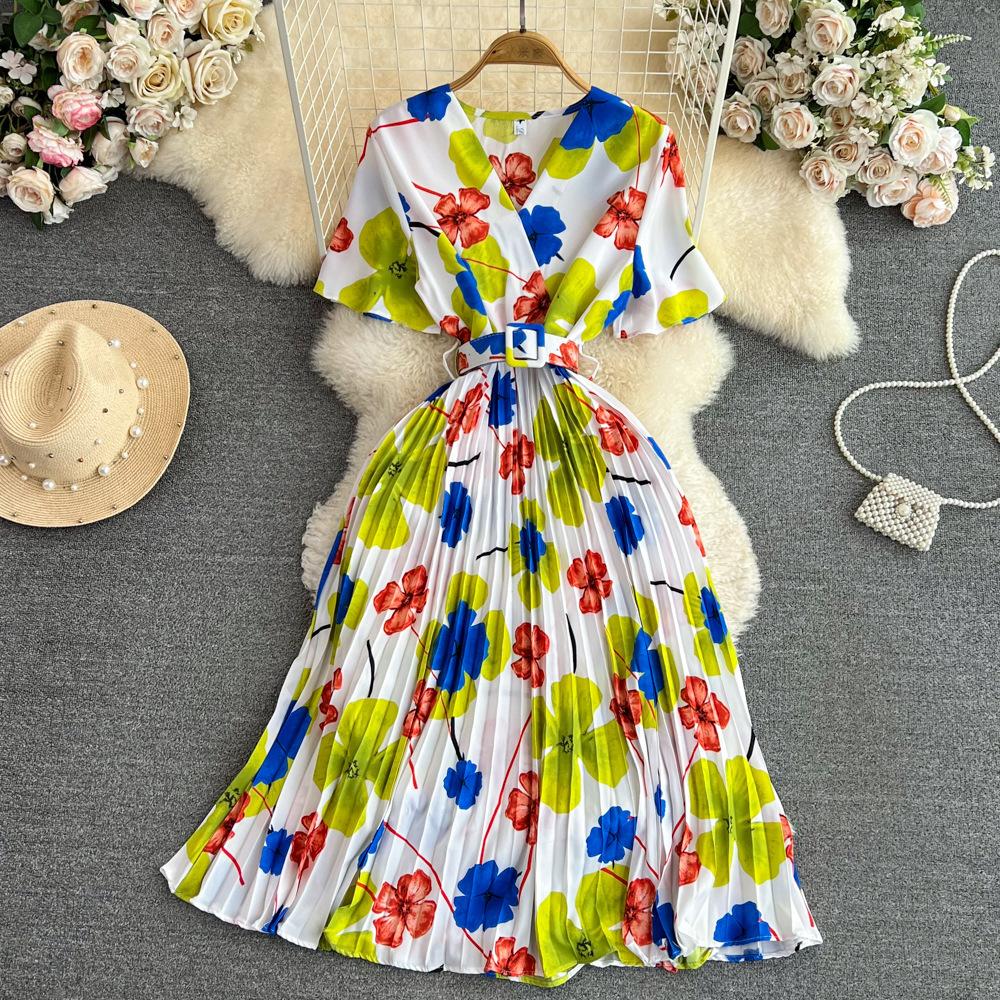 Summer Women's Light Mature Style Retro Temperament Short-sleeved V-neck Waist Thin Medium-length A-print Pleated Dress