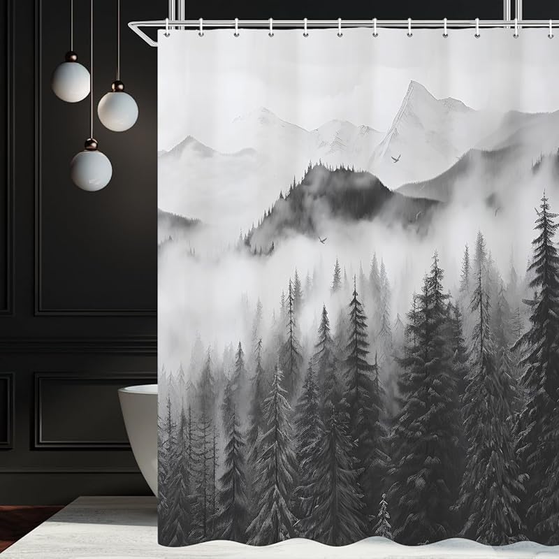 Mountain Shower Curtain, Navy Blue Misty Forest Shower Curtain Set Waterproof Nature Scenery Bathroom Decor with Hooks, 72x72 Inch