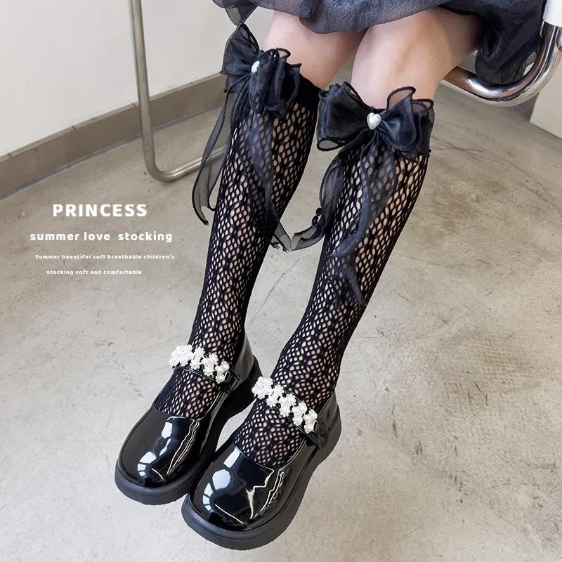 Summer Children Girl Sock Fashion Fishnet JK Lolita Bow Calf Sock for Kids Girl Thin Breathable Mesh Knee High Sock for Toddler