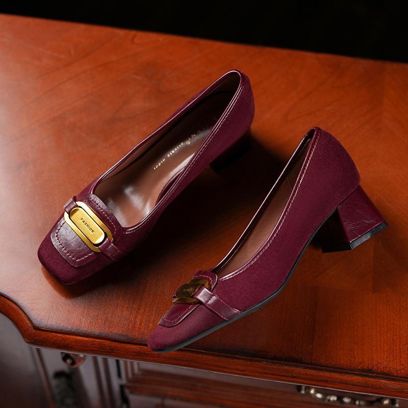 Commuter sheepskin temperament. CM high-heeled single shoes women's versatile square head metal buckle matte thick heel shallow mouth