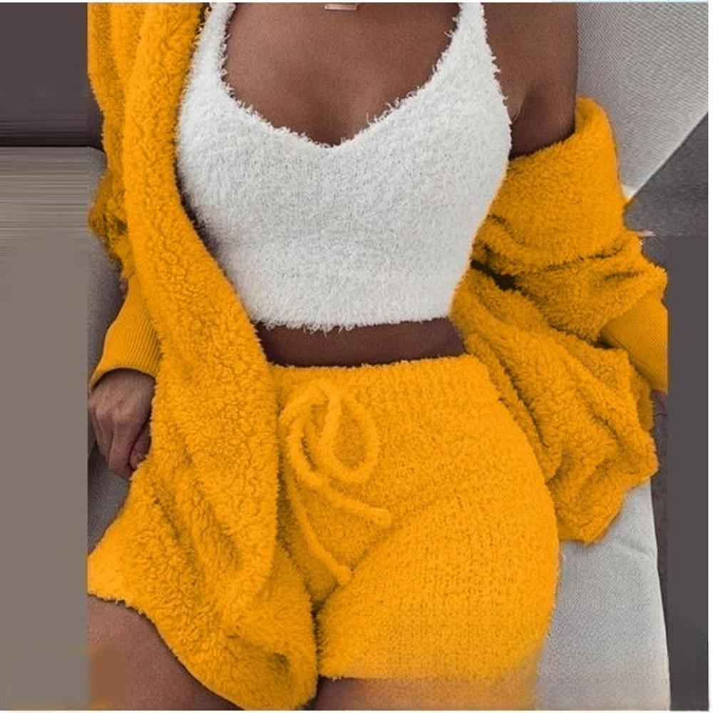 Women's Loose Fit Three Piece Loungewear Long Sleeve Fuzzy Cardigan V Neck Tank Drawstring Waist Shorts Winter Solid Tracksuit