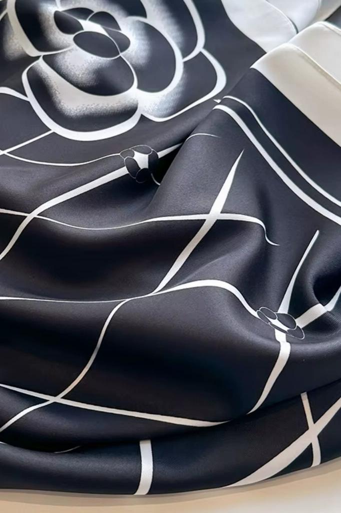 Women' Scarf 90X90 "Black Classic" - Imitation Silk with a Floral Pattern